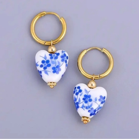 Ethnic Blue Porcelain Heart Stainless Steel Pearl Earrings - Picture 3 of 13